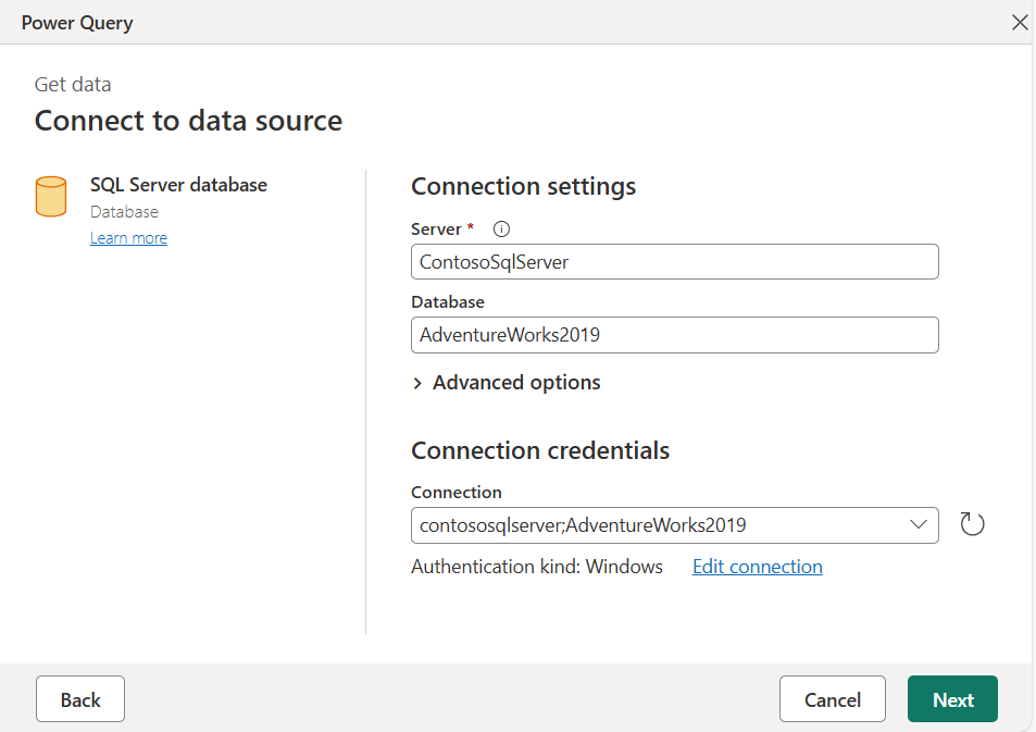 Connection settings dialog for the connection to the AdventureWorks2019 database on a local instance of SQL Server.