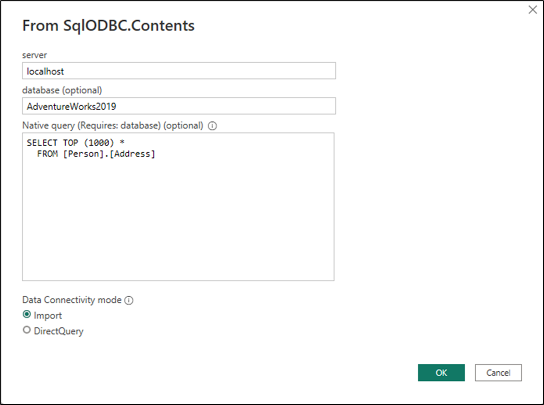 Connector dialog with the native query long text field shown