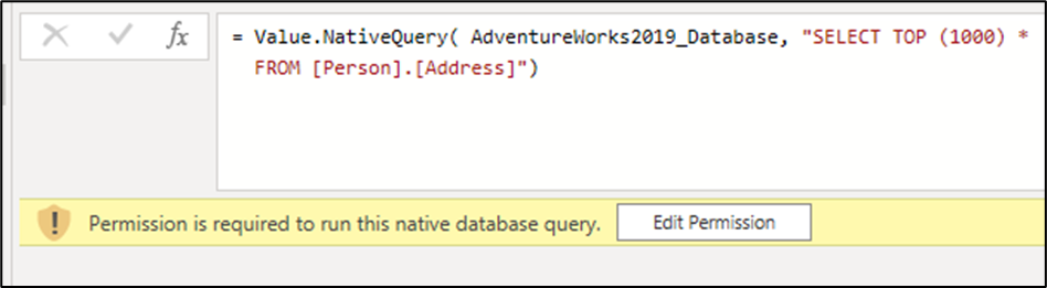 Screenshot of the permission is required to run this native database query warning message.