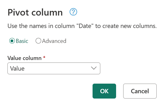 Screenshot of the Pivot column dialog with Basic selected and the Value column set to Value.