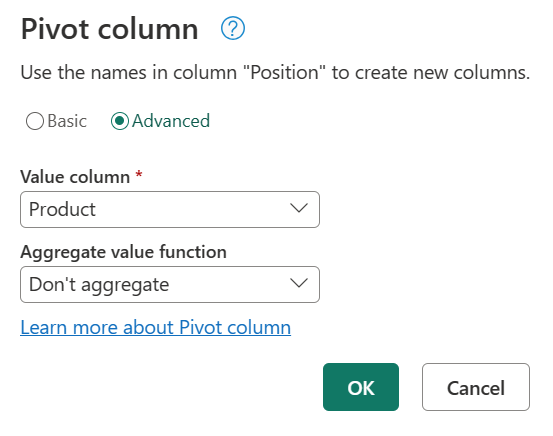 Screenshot of the Pivot column dialog box with Aggregate value function set to Don't aggregate.