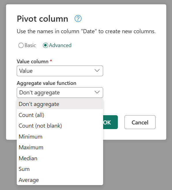 Screenshot of the Pivot columns dialog with Advanced selected and the Aggregate value function drop-down displayed.