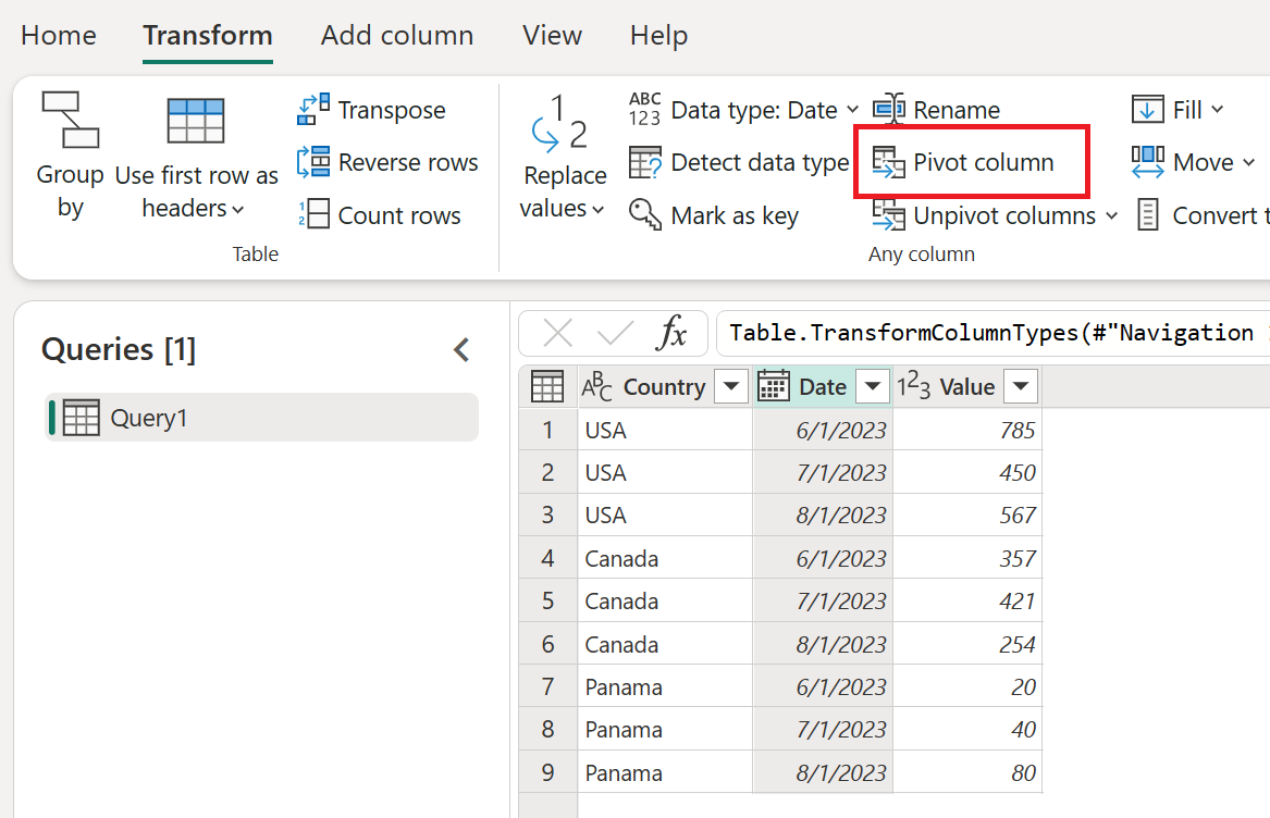 Screenshot of the Transform tab selected, the Date column in the table selected, and the Pivot column option emphasized.