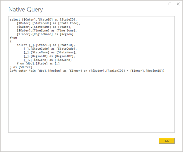 Example of a native query in Power BI Desktop.