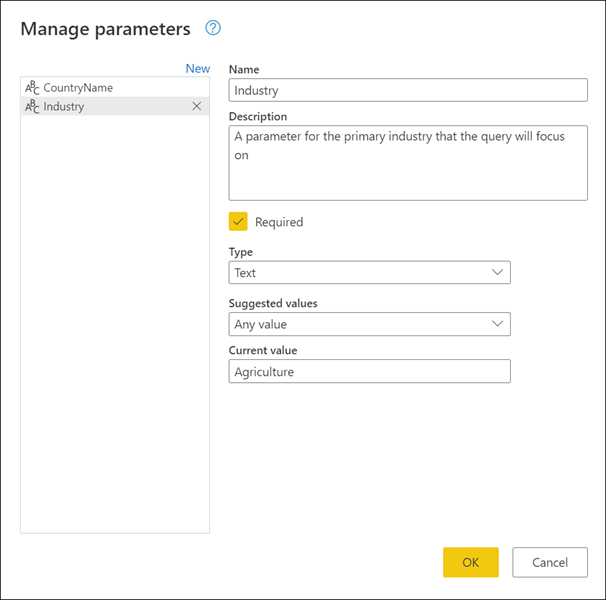 Create a parameter from the Manage Parameters window.