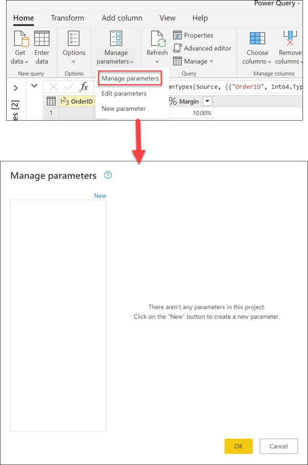 Manage Parameters window.