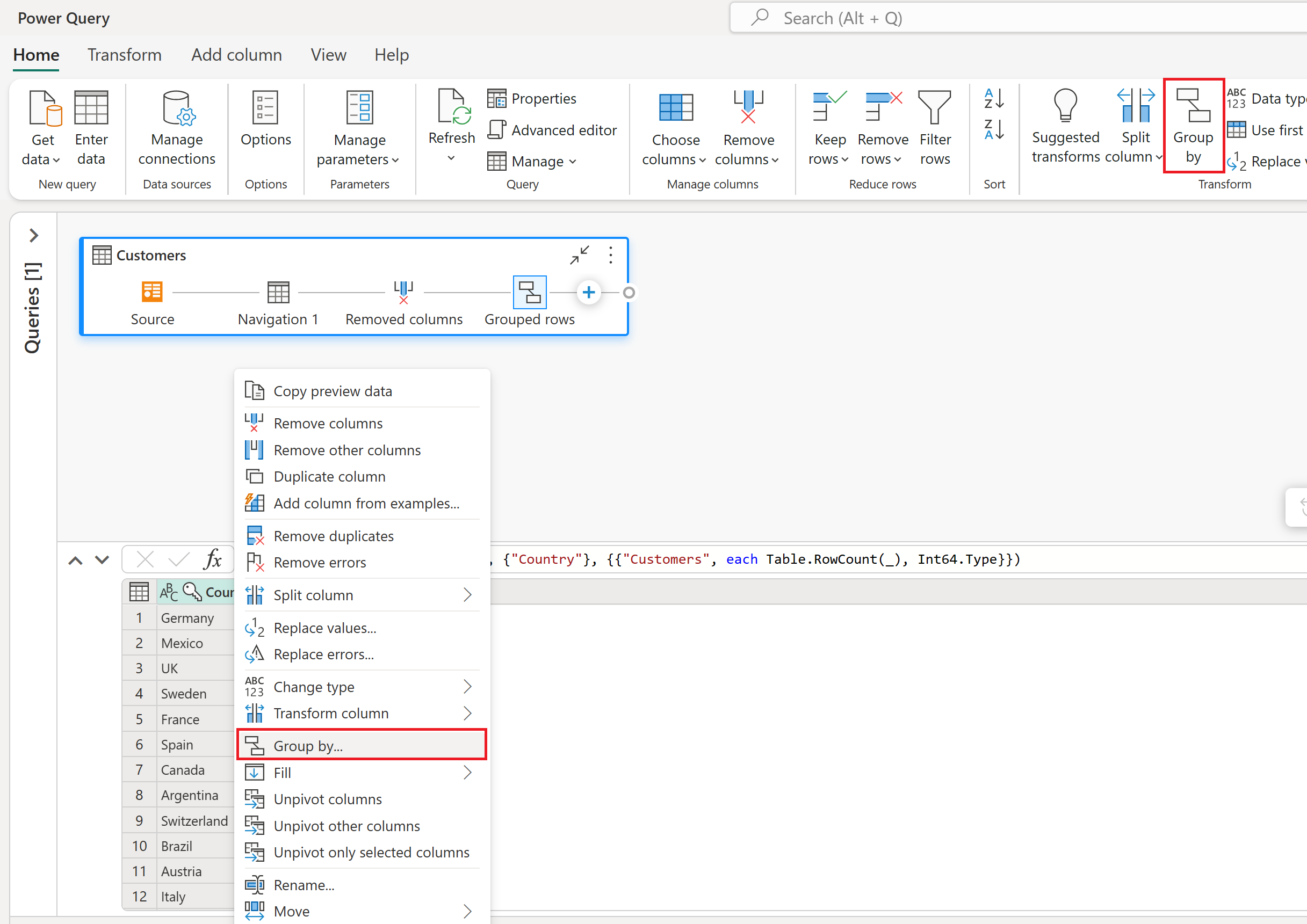 Screenshot emphasizing the Group by button in the ribbon and the Group by option in the Country column menu.