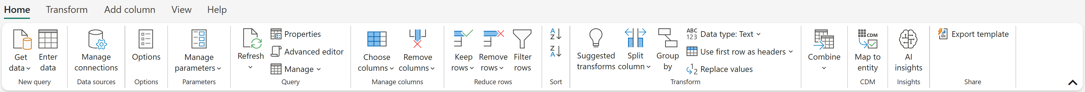 Screenshot of the standard ribbon view on the Home tab of the Power Query user interface.