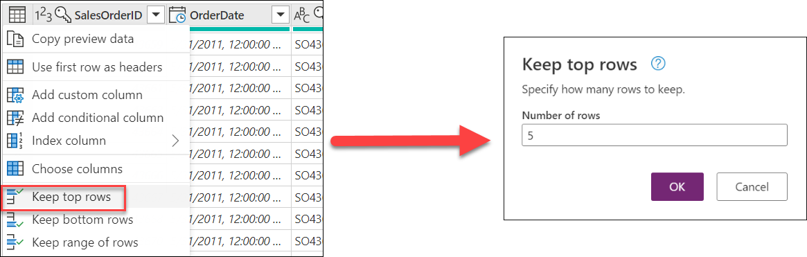 Using the table context menu to select the Keep top rows transform to keep only the top five rows.
