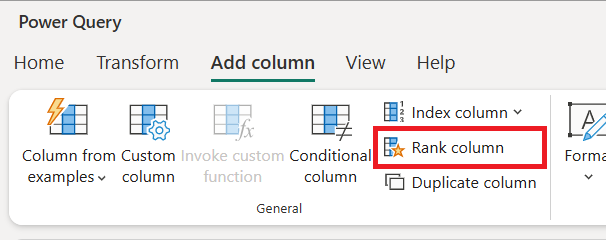 Rank column entry point in the Power Query ribbon inside the Add column tab.