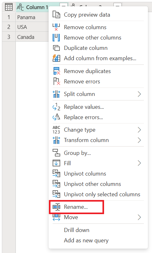 Rename Column Context Pane.