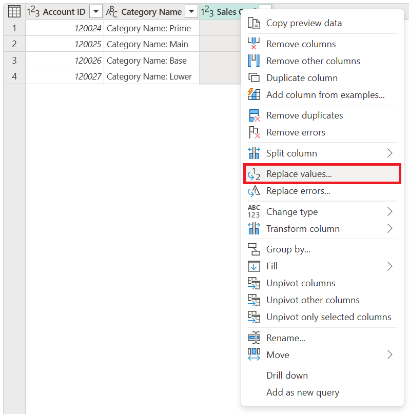 Shortcut menu for replacing the selected column.