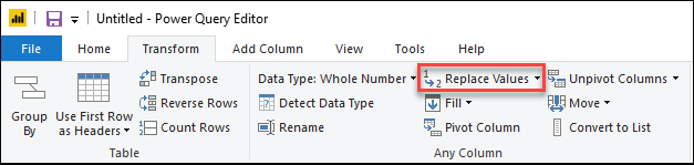 Replace values on the Transform tab.