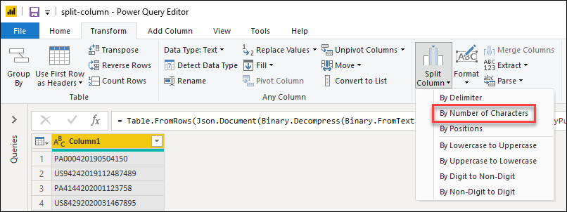 Split columns by number of characters Power Query Microsoft Learn