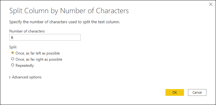 Split column into columns by number of characters window.