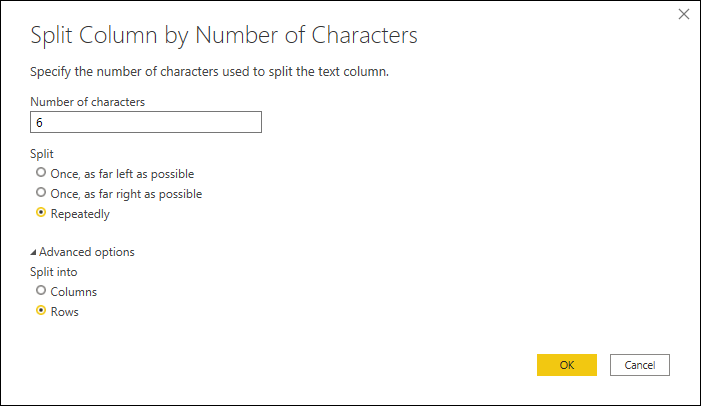 Split into rows by number of characters window.