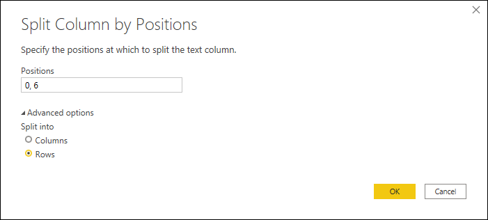 Split column into rows by positions window.