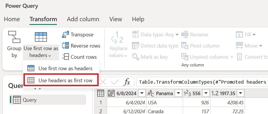 Promote Or Demote Column Headers Power Query Microsoft Learn