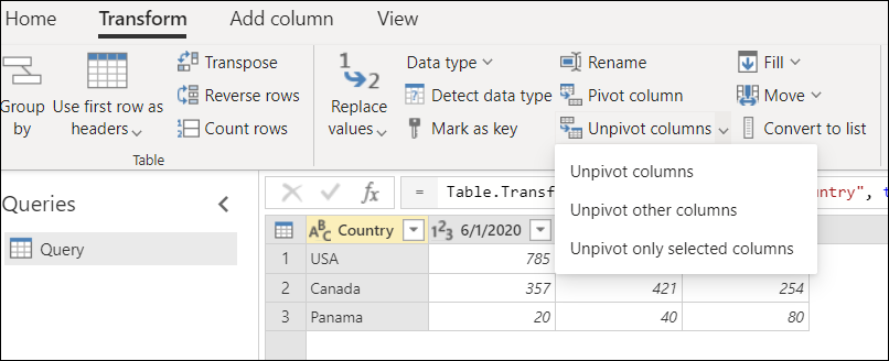 Unpivot columns command on the Transform tab.