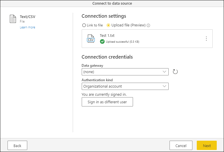 Connect to data source page with a user authenticated using the organizational account authentication kind.