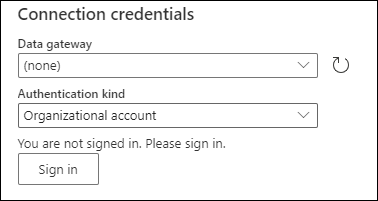 Connection credentials section, where the authentication kind has been set to organizational account.