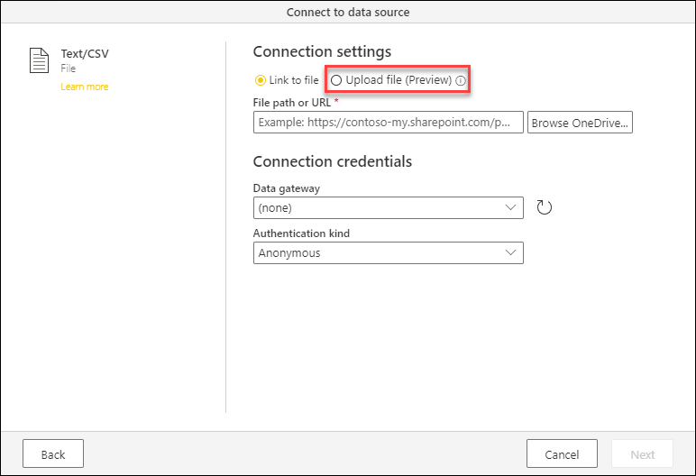 Upload file option in the connection settings section of the connect to a data source dialog.