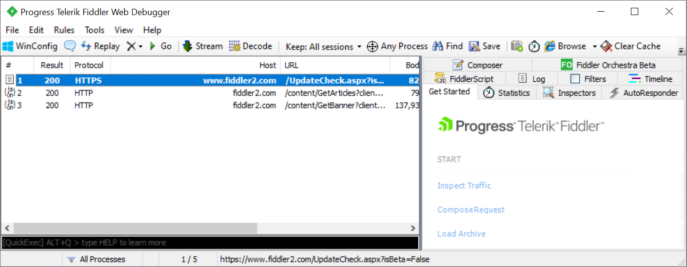 On your keyboard, press Ctrl + X to clear all traces from Fiddler's traffic pane