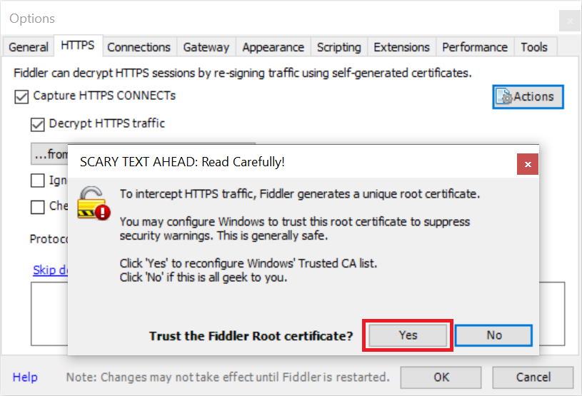Select yes in the root certificate dialog box.