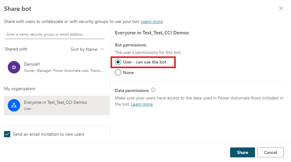 Set user permission for everyone in the organization in Sharing UI.