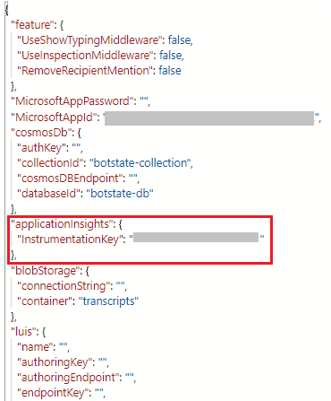 Screenshot of the applicationInsight key in the project JSON.