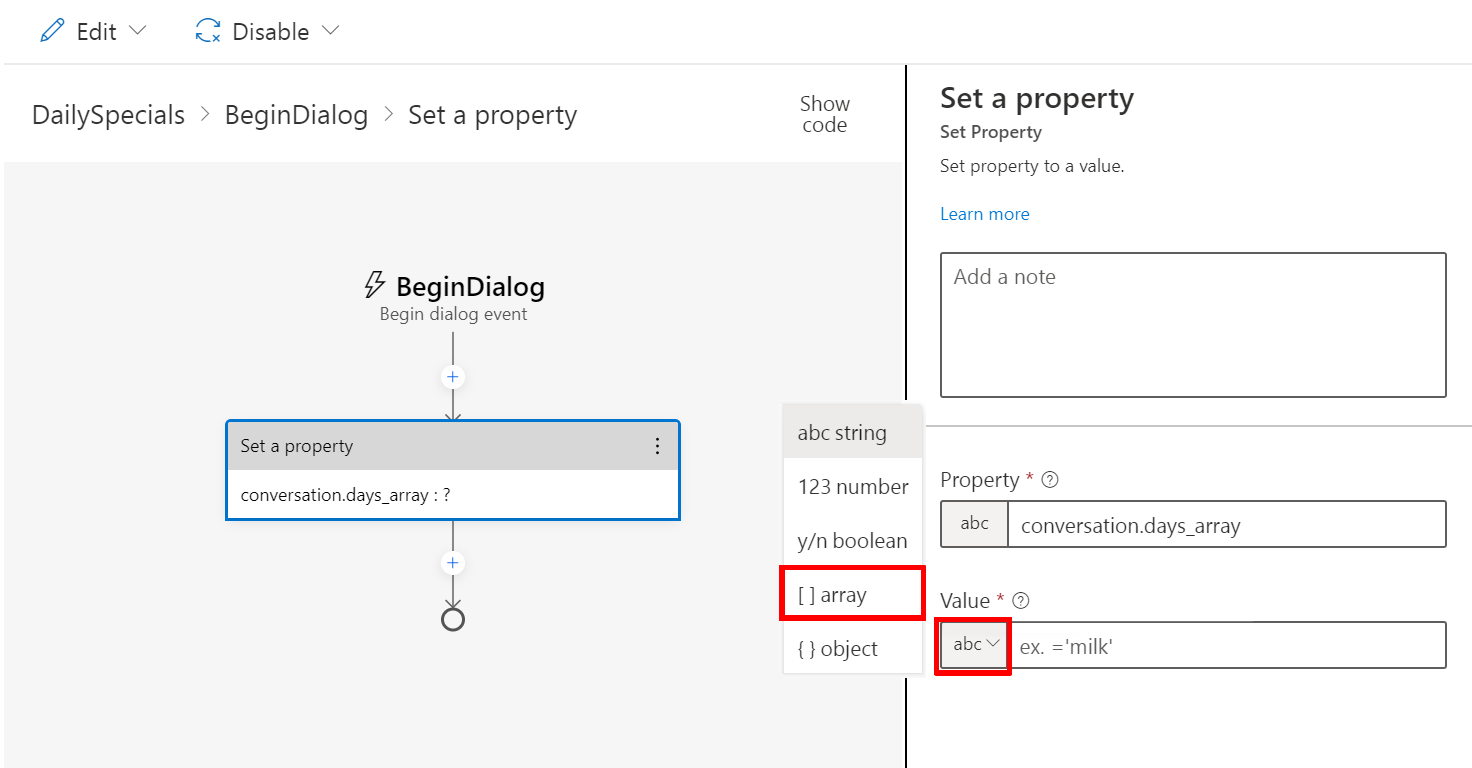Screenshot of how to change the type of the value property.