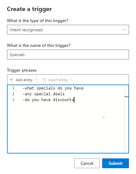 Screenshot of trigger phrases added to a new trigger.