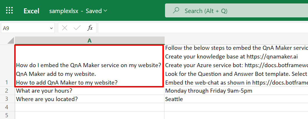 Screenshot of an Excel spreadsheet with multiple questions in one cell.