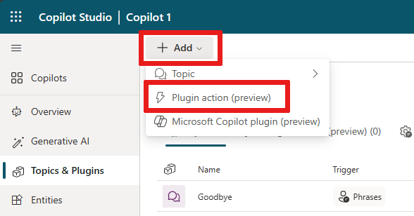 Screenshot of the Copilot Studio navigation pane with topics and the plugin action button highlighted.