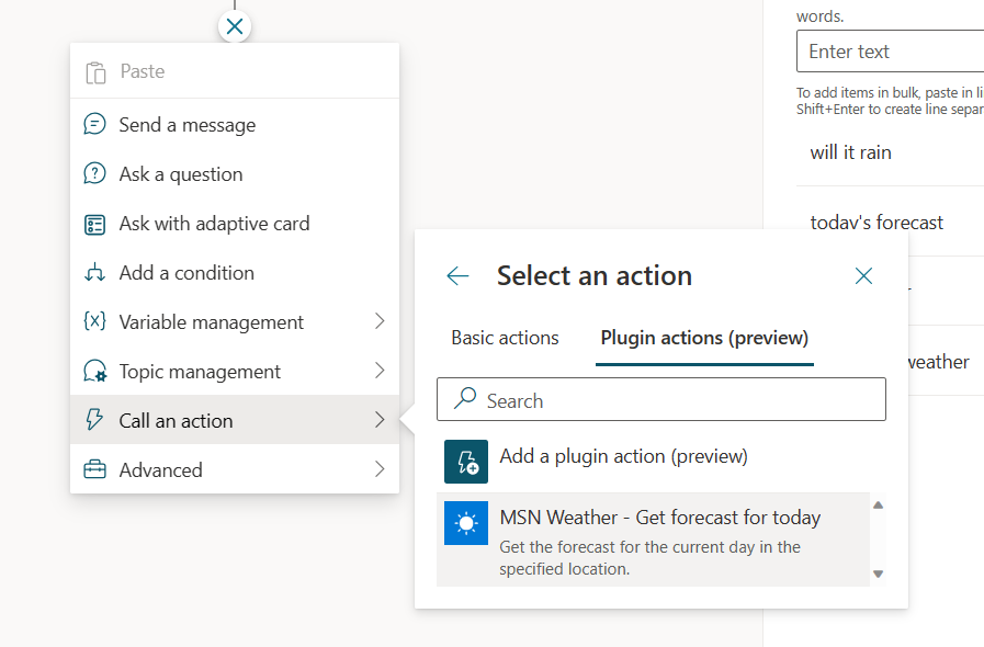 Screenshot of new node menu open and the weather plugin action selected.