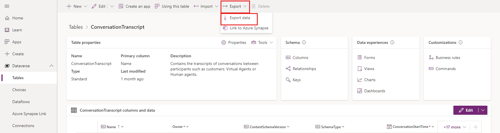 Screenshot of the ConversationTranscript table Export data option.
