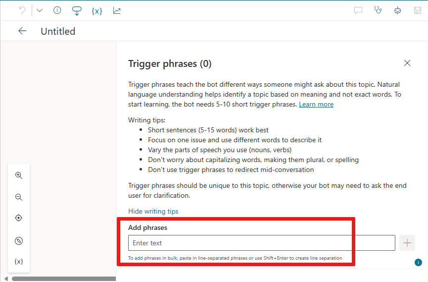 Screenshot of the topic authoring canvas, highlighting adding trigger phrases.