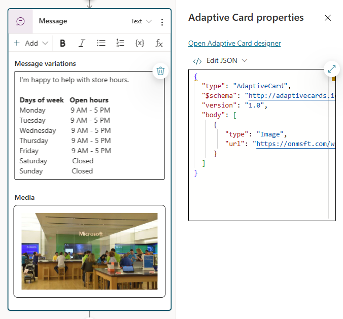 Screenshot of a message node with an adaptive card that shows text and an image of the store.