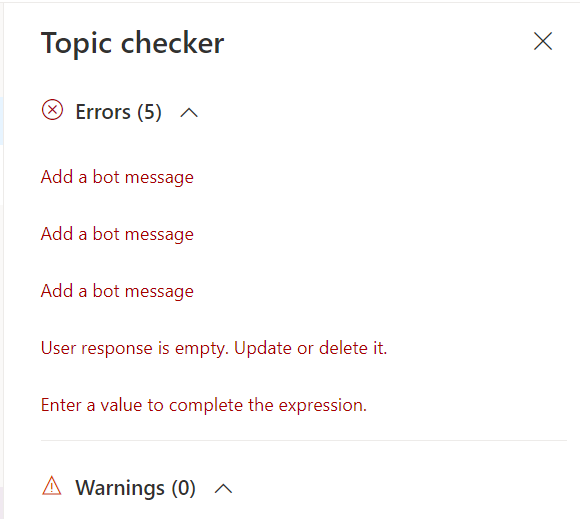The topic checker is on the top bar and shows all errors and warnings.