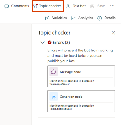 Screenshot of the Topic checker and the list of errors in the topic.