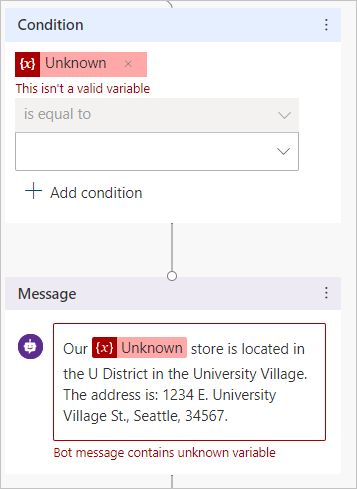 Screenshot of a node with references to an unknown variable, which are marked as red within the message node's text, and indicated with a warning that says Bot message contains unknown variable.