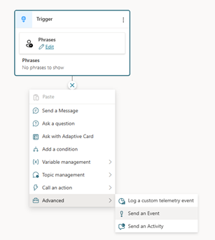 Screenshot of adding an Advanced node, including the Send an event and Send an activity options.