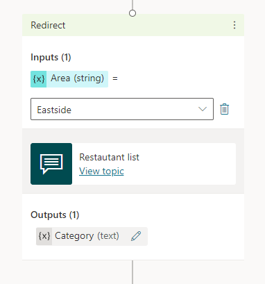 Screenshot of the authoring canvas showing a redirected topic with both values input and returned.