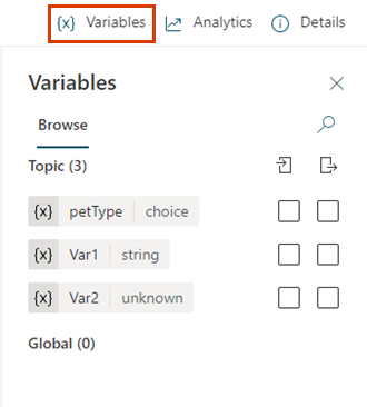 Screenshot of the Variables pane in the Power Virtual Agents authoring canvas, with the Variables button highlighted.