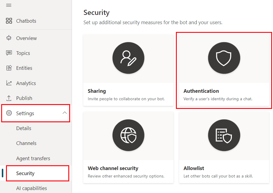 Screenshot of the Security page under the Settings menu, highlighting the Authentication card.