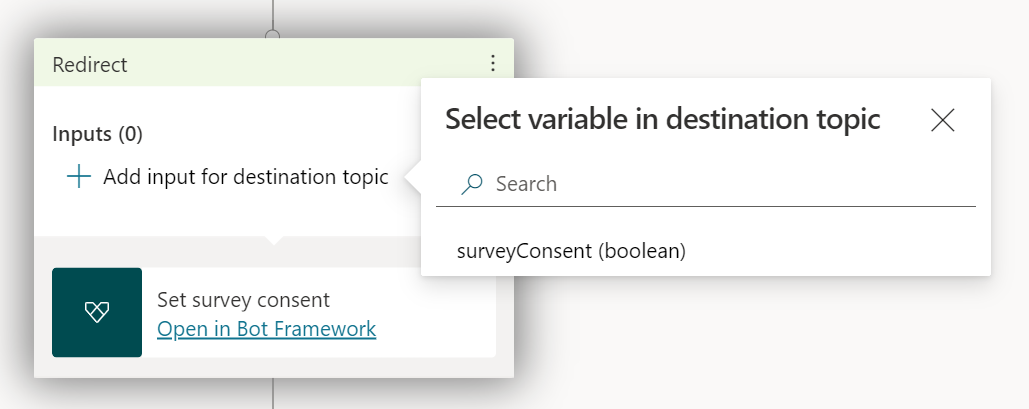 Add a Set survey consent action to a node in Power Virtual Agents.