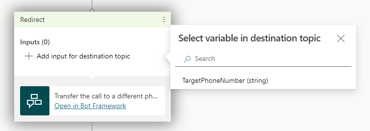 Add a Transfer the call to a different phone number action to a node in Power Virtual Agents.