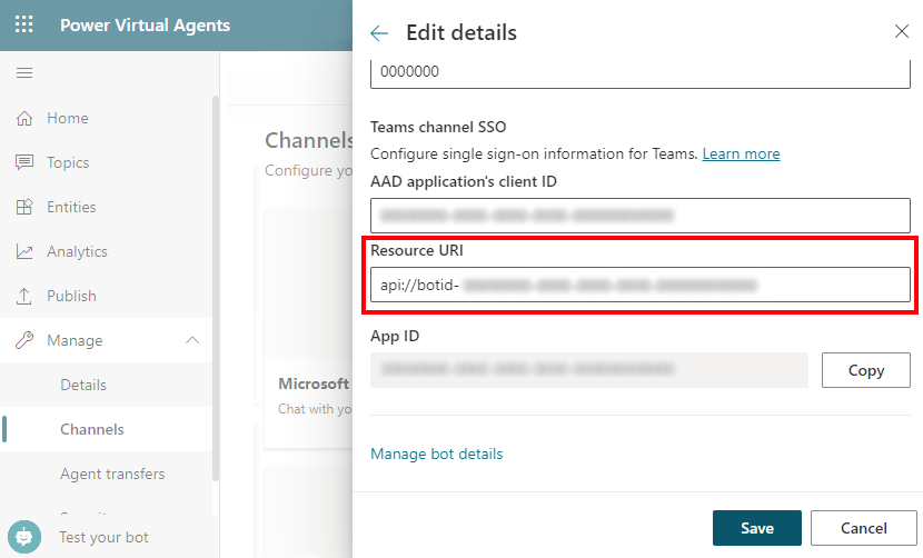 Screenshot of the Application (client) ID entered as the AAD application's client ID in Power Virtual Agents.