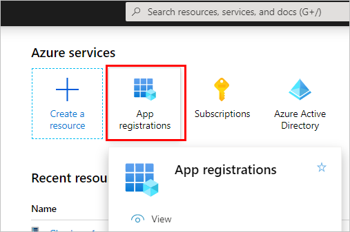 Screenshot highlighting app registrations tile on the Azure portal.