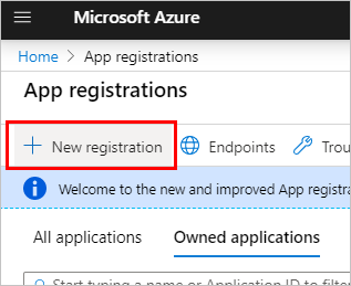 Screenshot of the app registration blade with the New registration button highlighted.